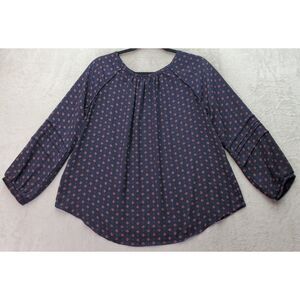 LOFT Blouse Top Women Small Black Geo Print Pleated Rayon Long Sleeve Round Neck